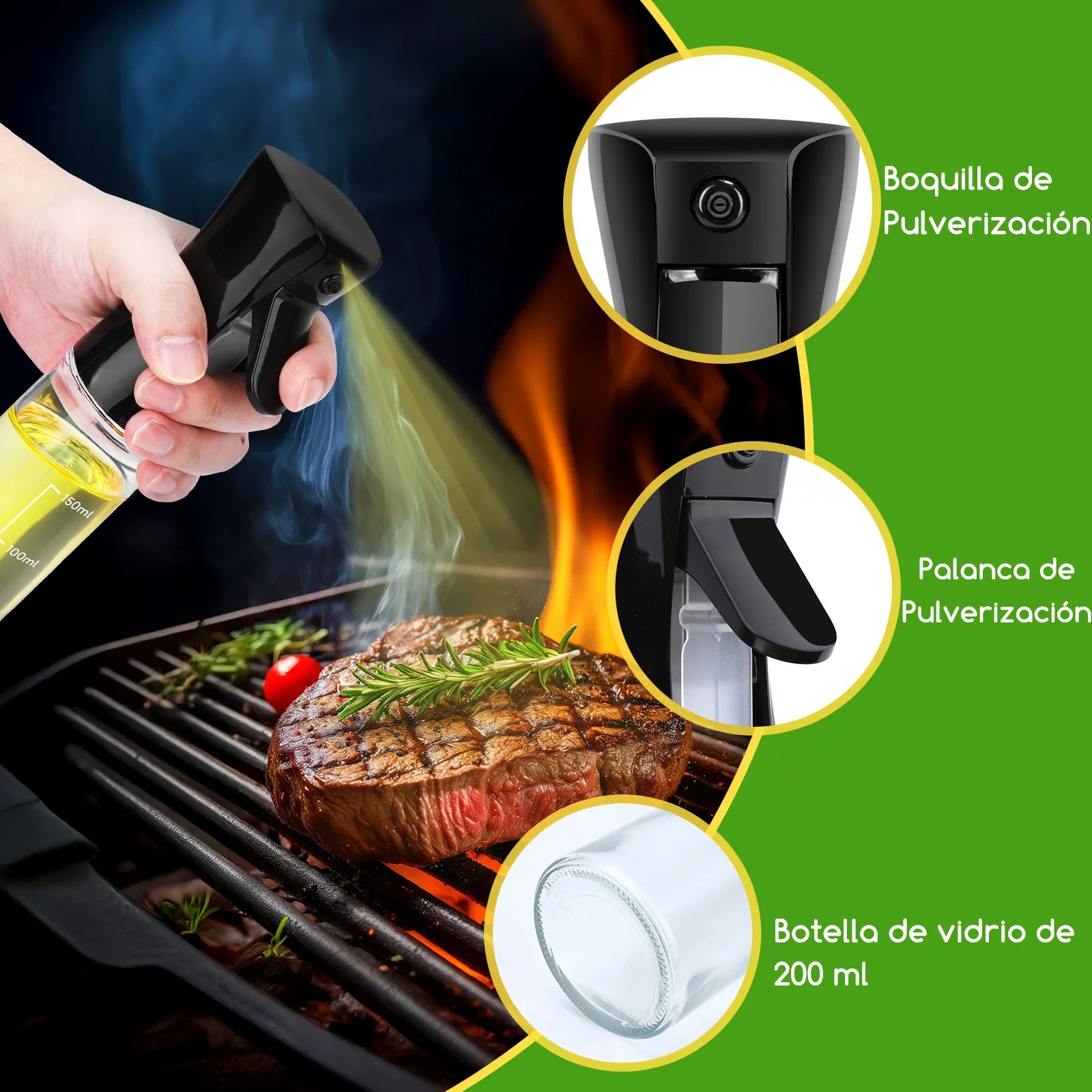 Combo Freidora De Aire 1500W 4L + 2 Pulverizadores Aceite Spray Cristal, BPA-Free, Temperatura De 80-200℃, Temporizador De 30 Min, AIGOSTAR