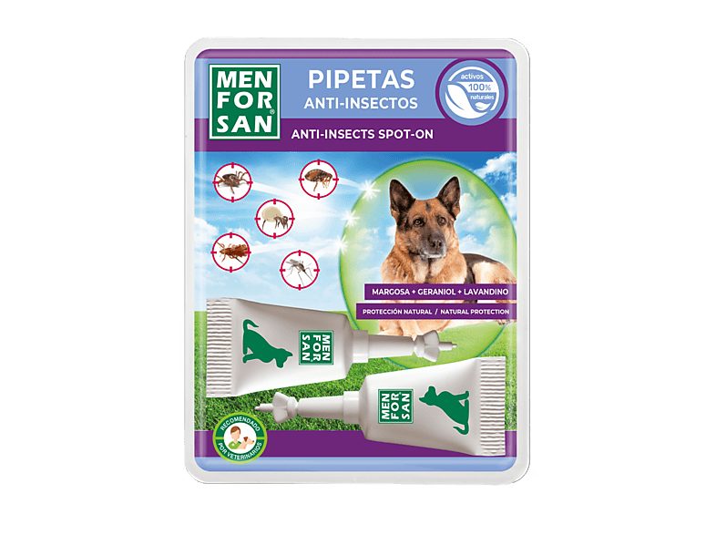 Antiparásitos mascotas - MEN FOR SAN Pipetas Anti-insectos para Perros con Margosa, Geraniol y Lavandino, para Perro, Multicolor