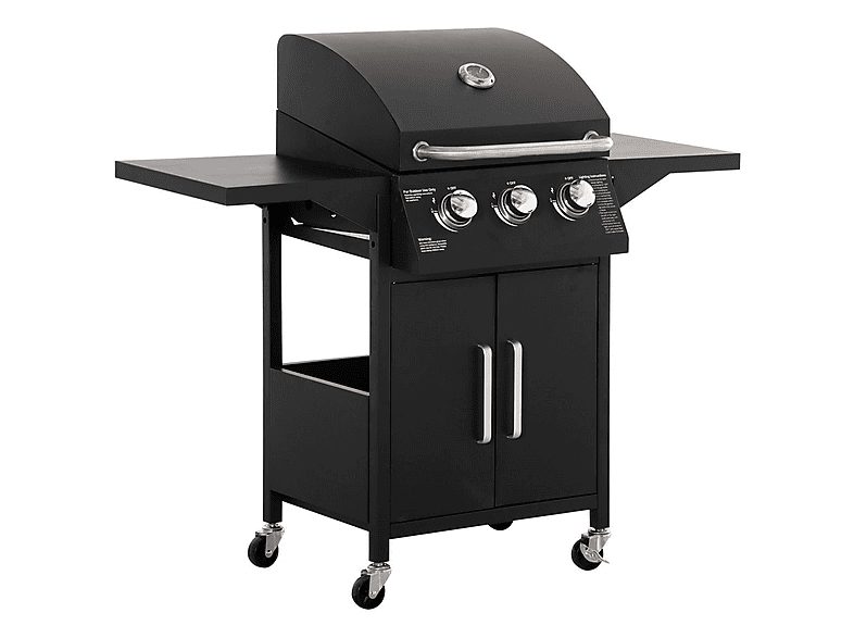 Barbacoa a gas - OUTSUNNY 3 Quemadores, 2 Puertas, 4 Ruedas, Frenos, Acero al Carbono, 121x55x109 cm, 8792,13 W, Negro