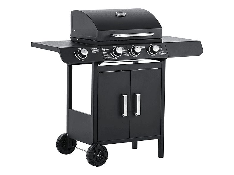Barbacoa a gas - OUTSUNNY 3+1 Quemadores, 11,6 KW, 2 Mesas Laterales, Termómetro, 2 Ruedas, 110x50x100 cm, 11600,0 W, Negro