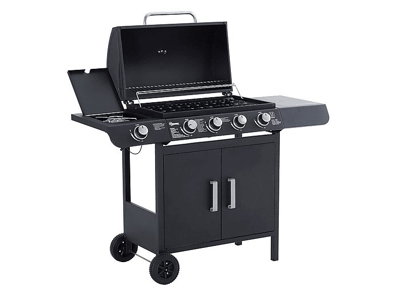 Barbacoa a gas - OUTSUNNY 4+1 Quemadores, 14,4 KW, Termómetro, Ruedas, 125x51x100 cm, 14400,0 W, Negro