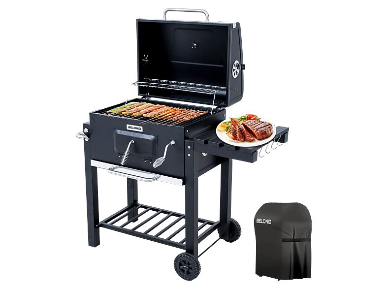Barbacoa de carbón - HOMAVO BBQ-DC, Bandeja de carbón ajustable, Mesa lateral plegable, Termómetro, Incluye funda, Negro