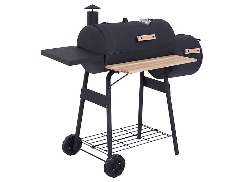 Barbacoa de carbón - OUTSUNNY 3 en 1, 124x53x104cm, Termómetro, Ruedas, Estantes de Madera, 0,0 W, Negro