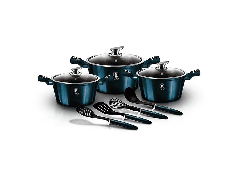 Batería de cocina - BERLINGERHAUS Aquamarine, Batería Cocina Inducción 10 Piezas, Antiadherente Mármol sin PFOA, Aluminio, 3 Cazuelas, Ninguno