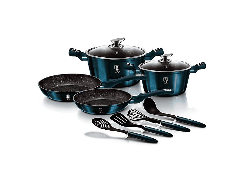 Batería de cocina - BERLINGERHAUS Aquamarine, Batería Cocina Inducción 10 Piezas, Antiadherente Mármol sin PFOA, Aluminio, Cazuelas Sa, 1 l, Aluminio Forjado, Azul Marino