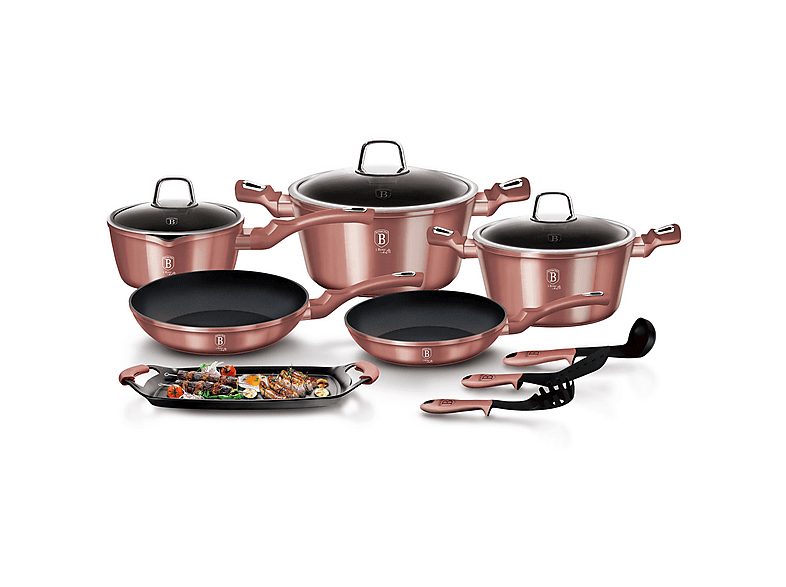 Batería de cocina - BERLINGERHAUS I-Rose, Batería Cocina Inducción 12 Piezas, Antiadherente sin PFOA, Aluminio, Cazuelas Sartenes Plan, 1 l, Aluminio Forjado, Rosa