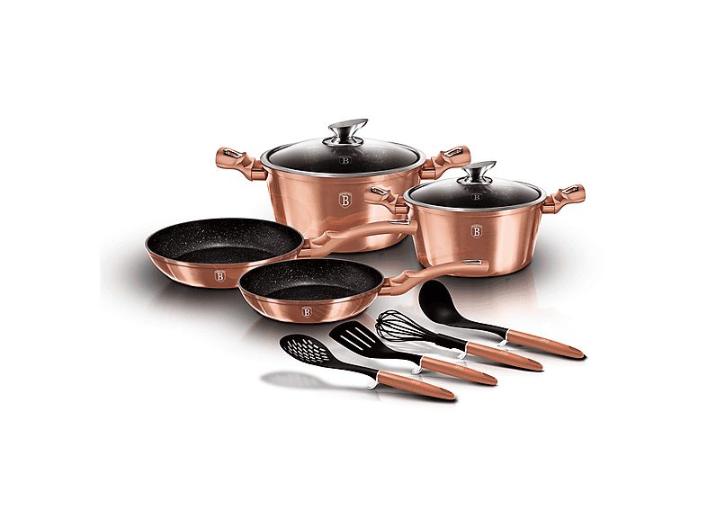 Batería de cocina - BERLINGERHAUS Rose Gold, Batería Cocina Inducción 10 Piezas, Antiadherente Mármol sin PFOA, Aluminio, Cazuelas Sar, 4. 1 l, Aluminio Forjado, Oro Rosado