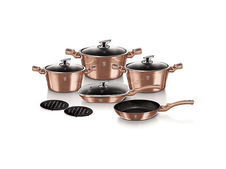 Batería de cocina - BERLINGERHAUS Rose Gold, Batería Cocina Inducción 11 Piezas, Antiadherente Mármol sin PFOA, Aluminio, Cazuelas Sar, 1 l, Aluminio Forjado, Oro Rosado