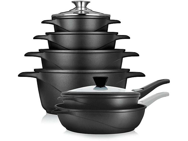 Batería  de cocina - BRIEBE MGK1219, Batería de Cocina Inducción 12 Piezas Aluminio Fundido 4 Ollas 2 Sartenes Antiadherente, 6 l, Aluminio Fundido, Negro