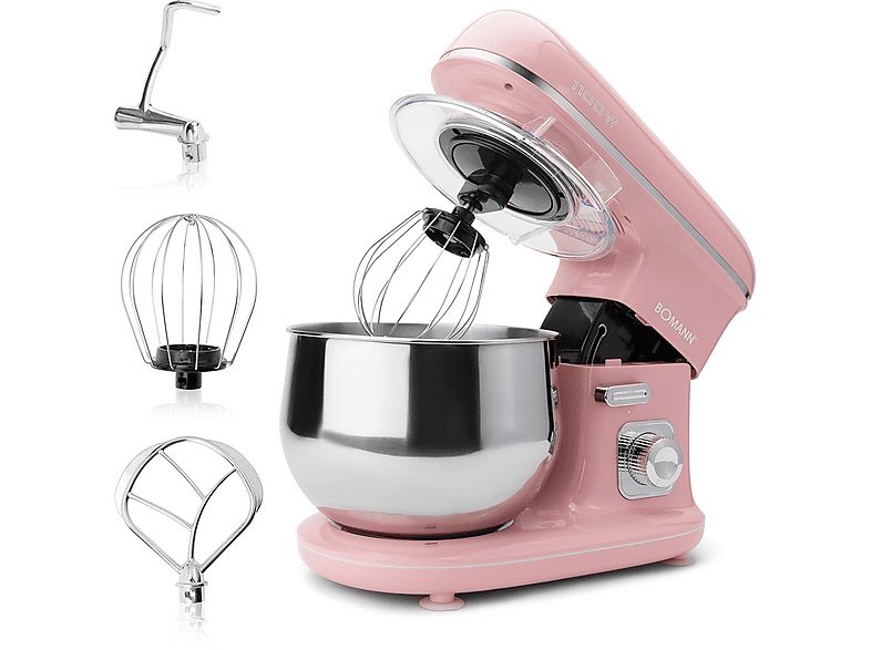 Batidora Amasadora Repostería - BOMANN KM 6030, Robot Batidora Amasadora Repostería, 5 Litros, Velocidad Regulable Electrónica, Diseño Vint, 1100 W, 5 l, Rosa