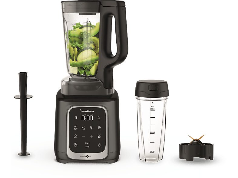 Batidora de vaso - Moulinex InfinyMix+ LM91HD, 1600 W, 2.6 L, 6 Cuchillas, 10 velocidades, Tecnología Powelix, 5 Programas, Vaso Tritan, Titanio