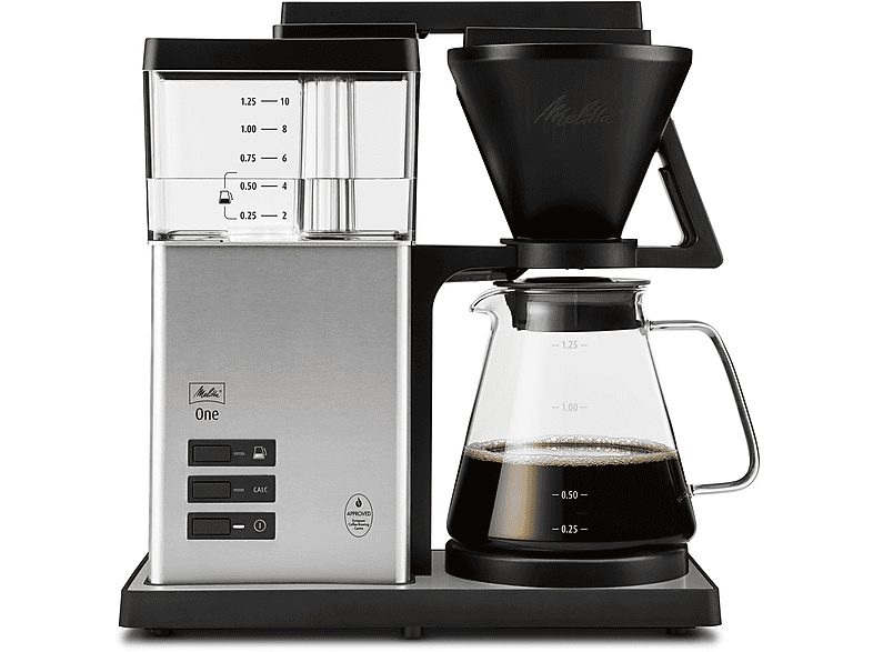 Cafetera de goteo - MELITTA ONE, 1525 W, 1,25 l, 10 tazas, Negro, Acero inoxidable, Transparente