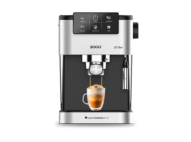 Cafetera express - SOGO CAF-SS-5668, 20 bar, 1350 W, 0 ml, 2 tazas, Plata