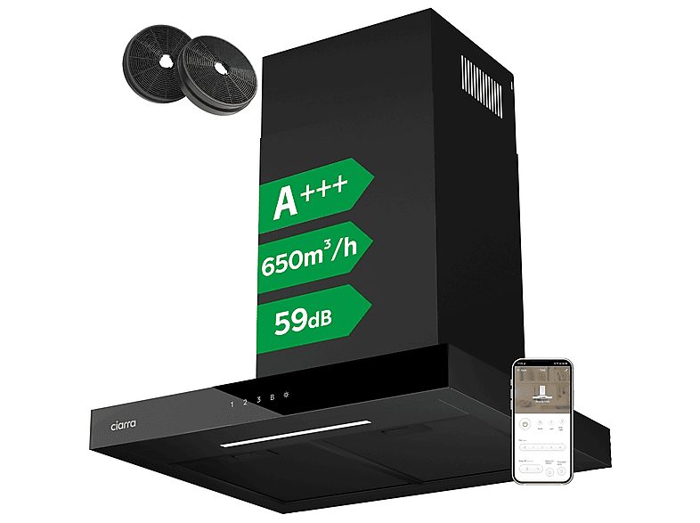 Campana Decorativa - CIARRA CBCB6102, 4 velocidades, 650 m³/h, 600 mm, Negro