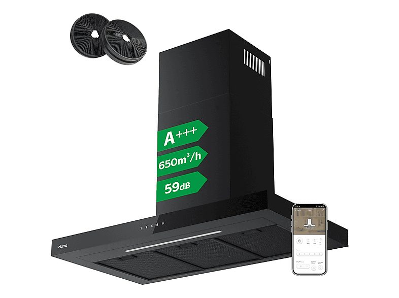 Campana Decorativa - CIARRA CBCB9102, 4 velocidades, 650 m³/h, 900 mm, Negro