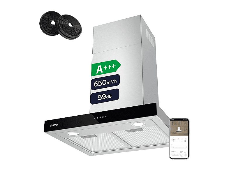 Campana Decorativa - CIARRA CBCS6102, 4 velocidades, 650 m³/h, 600 mm, Negro+Inoxi