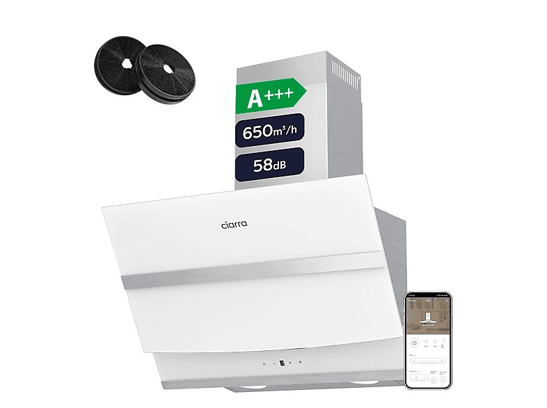 Campana Decorativa - CIARRA CBCW6736N, 4 velocidades, 650 m³/h, 595 mm, Blanco