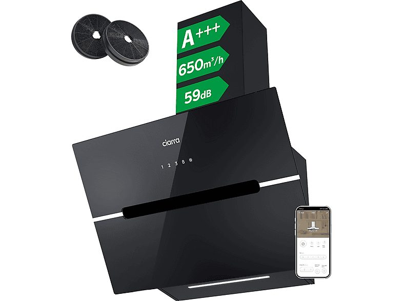 Campana Decorativa - CIARRA VM6736FB, 4 velocidades, 650 m³/h, 595 mm, Negro
