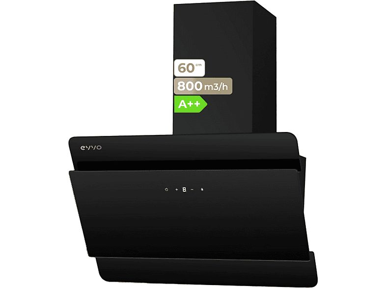 Campana decorativa - EVVO CE42 Cristal Black, 3 velocidades, 800 m³/h, 600 mm, Negro