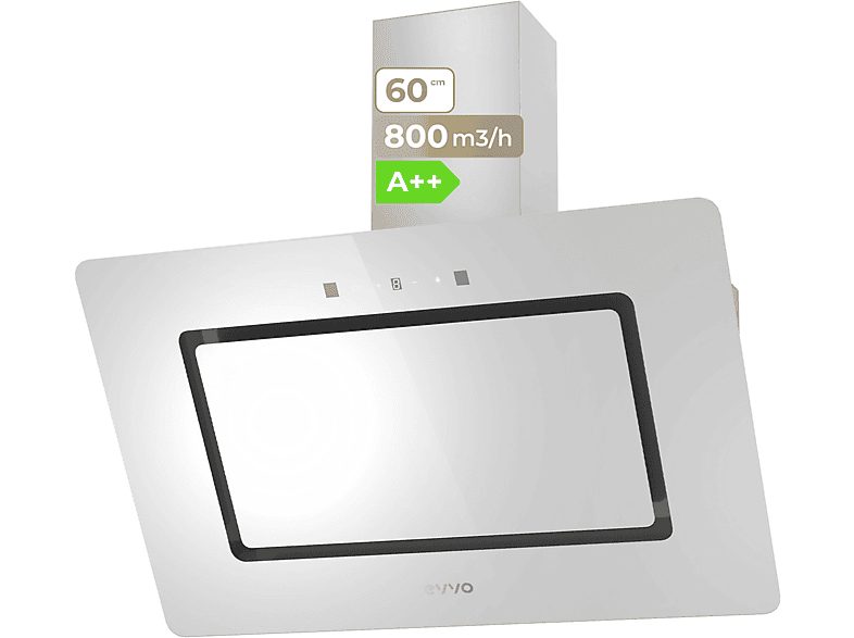 Campana decorativa - EVVO CE43 Cristal White, 3 velocidades, 800 m³/h, 600 mm, Blanco