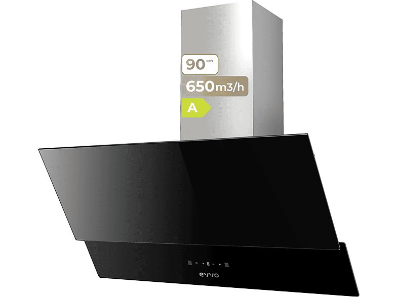 Campana decorativa - EVVO CE47 Cristal Black, 3 velocidades, 800 m³/h, 900 mm, Negro