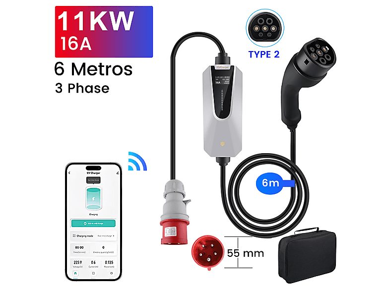 Cargador vehículo eléctrico - AWESAFE 11KW 16A, Black