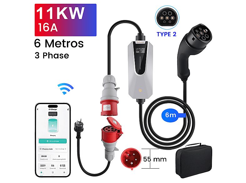 Cargador vehículo eléctrico - AWESAFE 3 Fase IP67 Bluetooth 11KW/3.5KW 16A, Silver