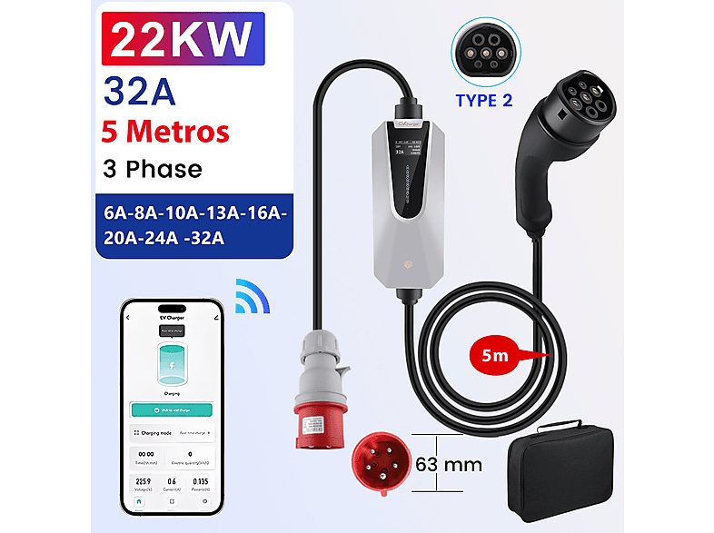 Cargador vehículo eléctrico - AWESAFE 32A 11KW WIFI BT APP, black