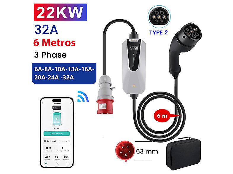 Cargador vehículo eléctrico - AWESAFE 32A 22KW 6M, Black