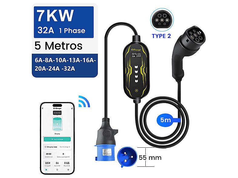 Cargador vehículo eléctrico - AWESAFE 32A 7KW APP WIFI BT, black