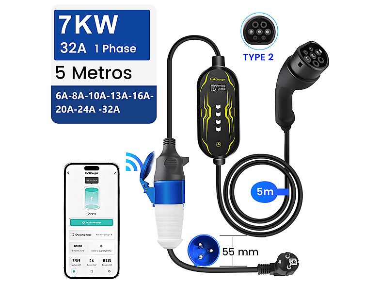 Cargador vehículo eléctrico - AWESAFE 7KW-3.5KW WIFI BT, black