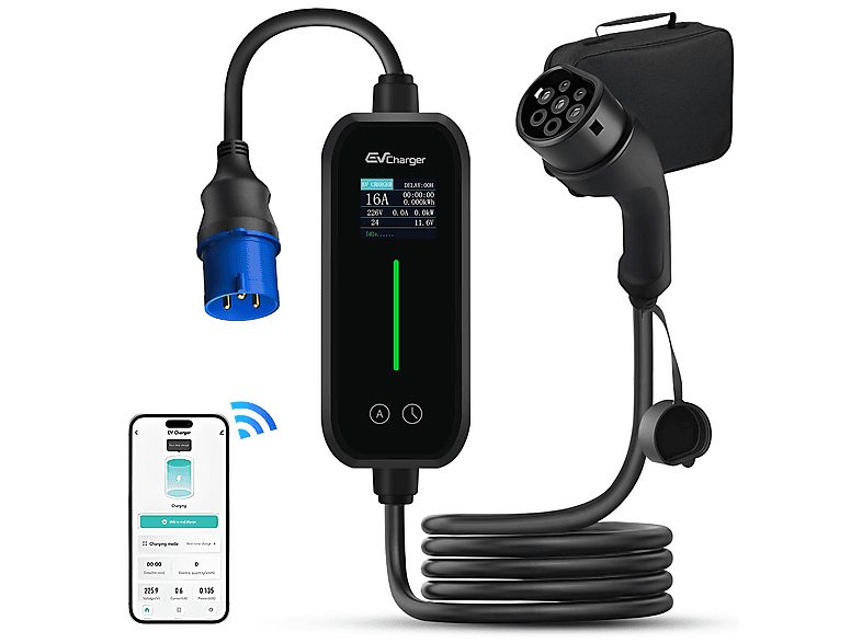 Cargador Vehículo Eléctrico - CESTOVET 7 kW 6-32 A Tipo 2 wallbox móvil conexión CEE corriente fuerte 6m, 7 kW, 230 V, Negro