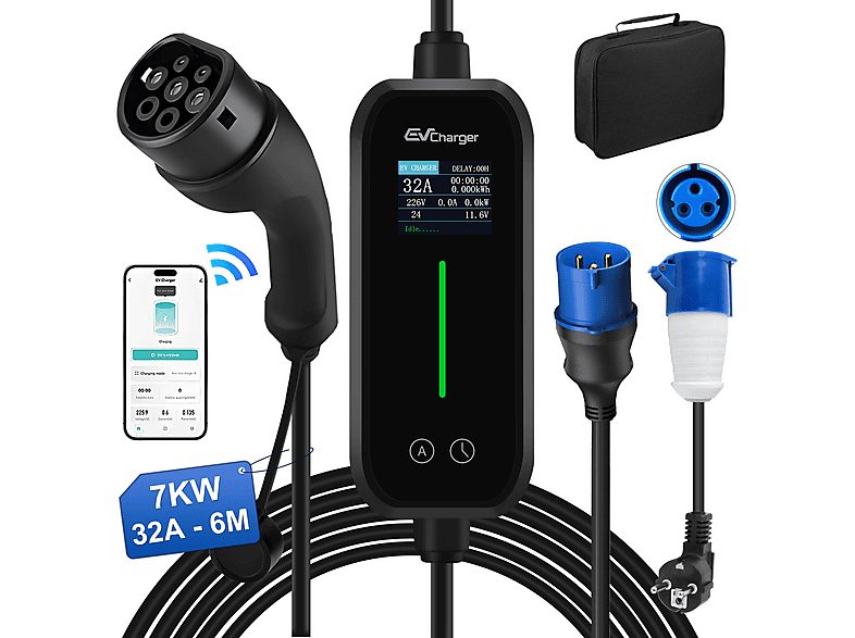 Cargador Vehículo Eléctrico - CESTOVET EV Tipo 2 Mobile Wallbox 7 kW/32 A 6 m CEE/EU, ajuste 3.5 kW, 11 kW, Negro