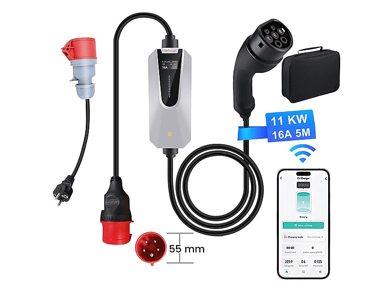 Cargador vehículo eléctrico - SMORGR 11kW 5m [6-16A, 3-Fases], Black