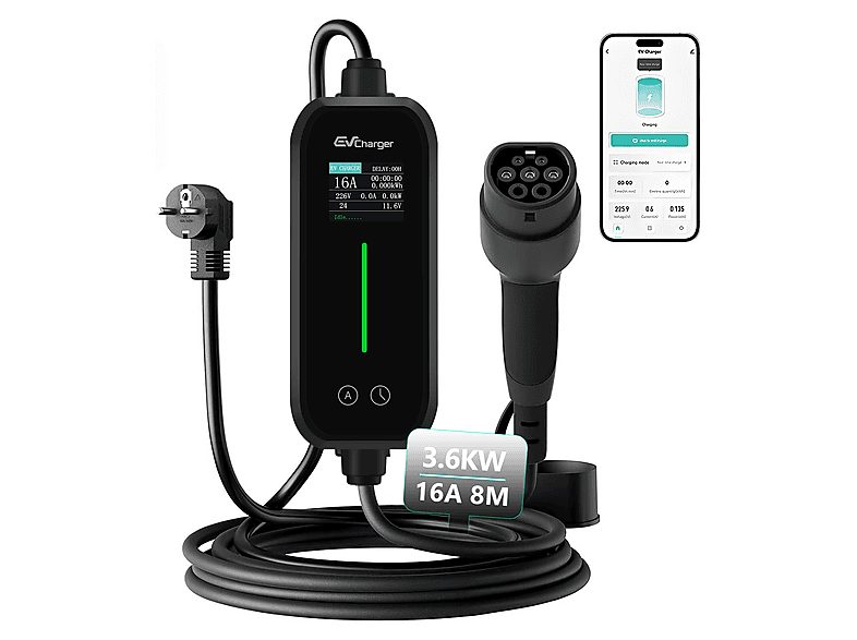 Cargador vehículo eléctrico - SMORGR 8m, 3,6 Kw 8-16A Tipo 2, Black