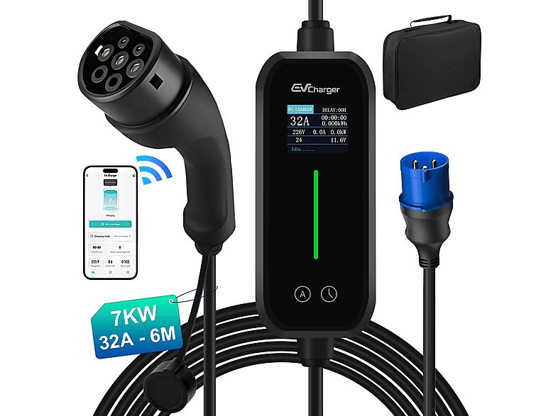 Cargador vehículo eléctrico - SMORGR Tipo 2 7kW 6~32A |6 Metros, Black