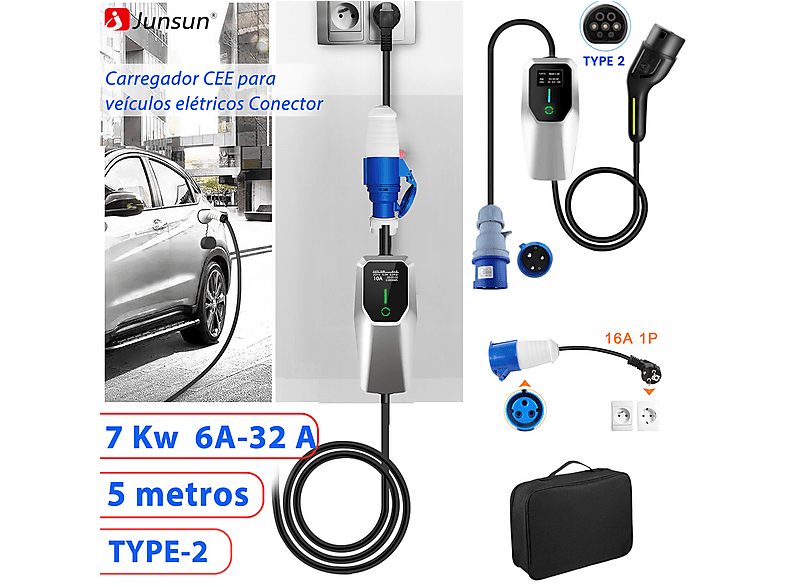 Cargadores vehículos eléctricos - AWESAFE 7KW-3.5KW  32A-6A 5M, negro