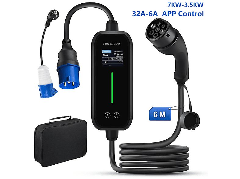 Cargadores vehículos eléctricos - AWESAFE 7KW-3.5KW  32A-6A 6M APP, negro