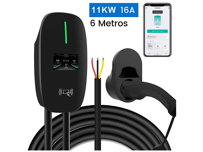 Cargadores vehículos eléctricos - JUNSUN 11KW 6M Tipo 2 6A-16A, Control APP, Black, BLACK