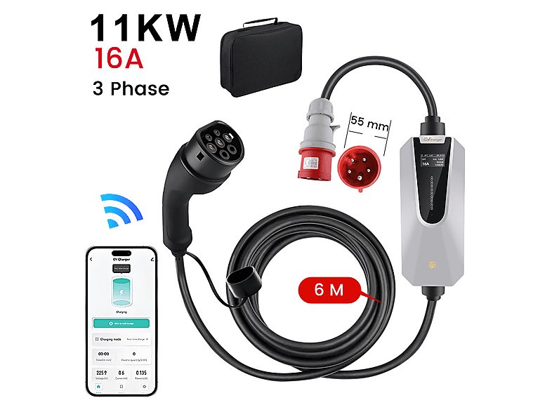 Cargadores vehículos eléctricos - JUNSUN 11KW 6M Tipo 2 6A-16A, Control APP, plateado, 230 V, plateado