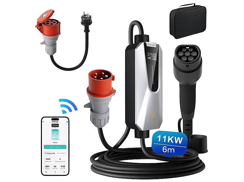 Cargadores vehículos eléctricos - JUNSUN 11KW 6M Tipo 2 6A-16A, Control APP, plateado, adaptador, plateado