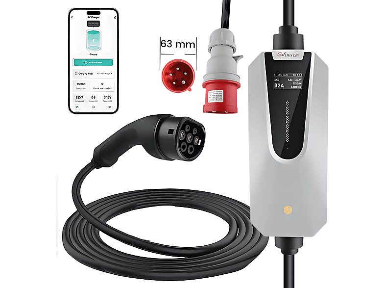 Cargadores vehículos eléctricos - JUNSUN 22kW, 5m ,Tipo 2,6A-32A, White