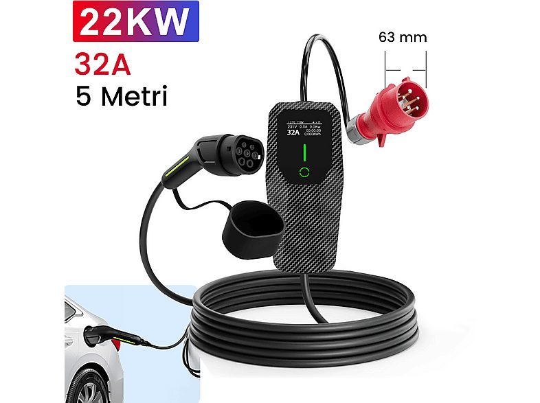 Cargadores vehículos eléctricos - JUNSUN 22KW Tipo 2 6A-32A, Negro