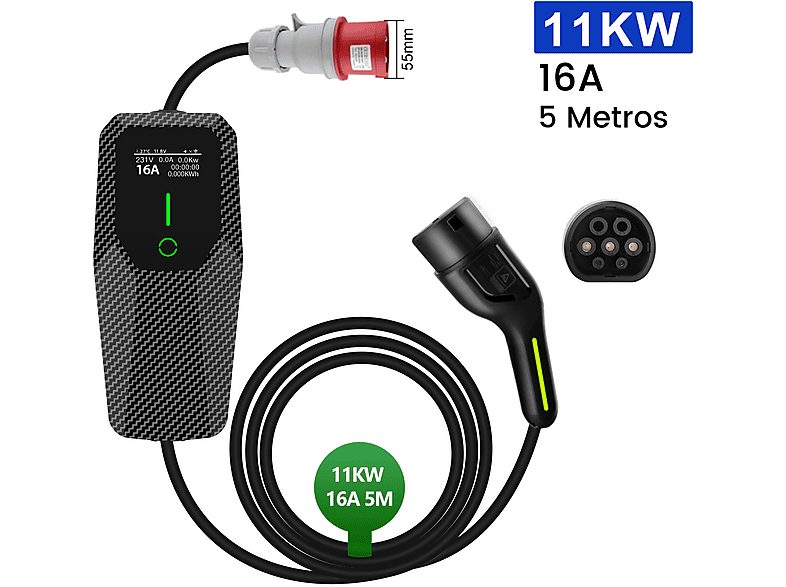 Cargadores vehículos eléctricos - JUNSUN 5M 11Kw Tipo 2 6A - 16A, Negro