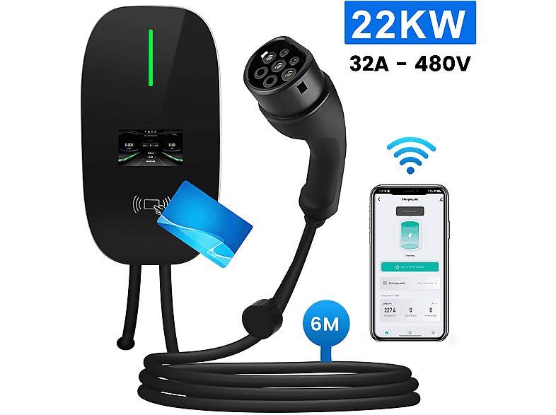 Cargadores vehículos eléctricos - JUNSUN 6M 22KW Tipo 2 6A-32A, APP, Black, 230 V, BLACK