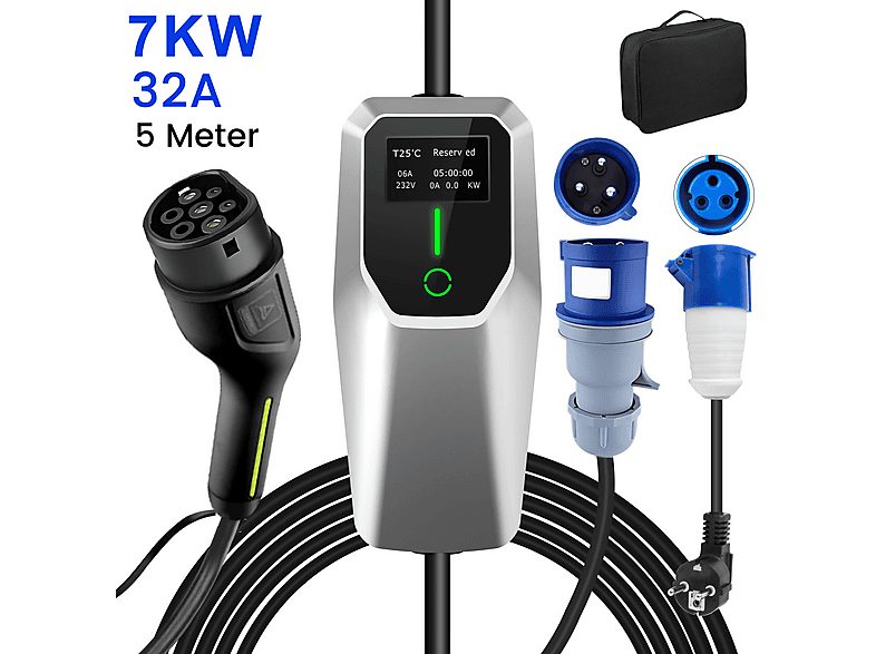 Cargadores vehículos eléctricos - JUNSUN 7KW 5M Tipo 2 6A-16A, IP67, plateado, adaptador, plateado