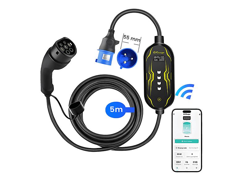 Cargadores vehículos eléctricos - JUNSUN 7KW 5M Tipo 2 6A-32A, Control APP, Black, 230 V, BLACK