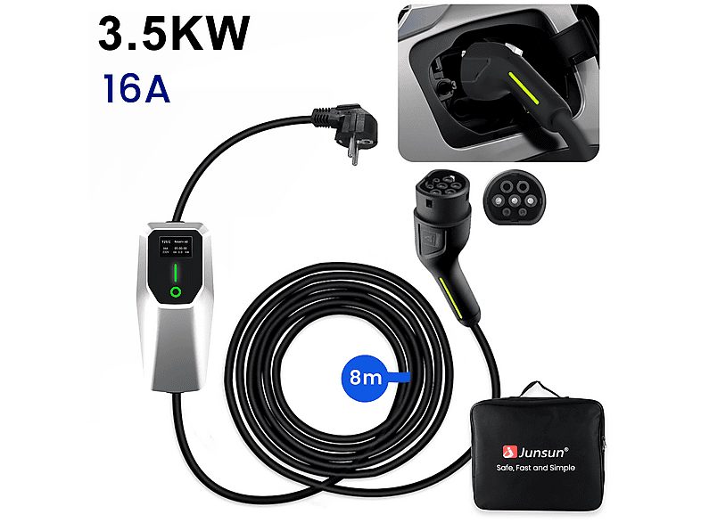 Cargadores vehículos eléctricos - JUNSUN 8M,tipo 2, 3,6 kW 16A, Black