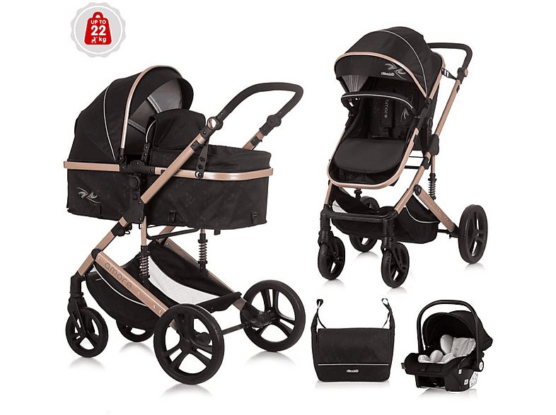 Carrito de bebé  - Trío convertible AMORE hasta 22 kg Obsidian Gold CHIPOLINO, Negro