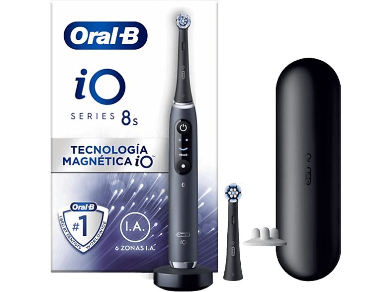 Cepillo eléctrico - Oral-B iO 8S, Con 2 Cabezales, 1 Estuche De Viaje, Con app, Diseñado Por Braun, Negro